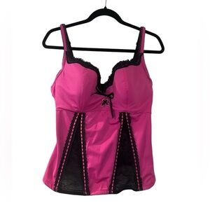 Frederick’s of Hollywood Corset Pink and Black Lace Trim Cami Top Suze XLFF